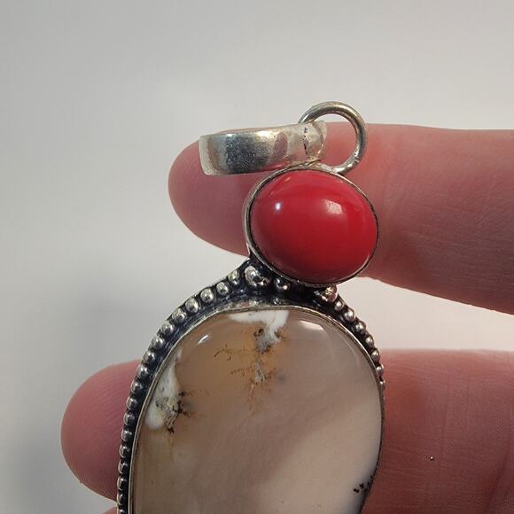 Necklace Pendants Dendritic Agate Red Coral Handmade Jewelry in Silver Setting - Picture 6 of 10